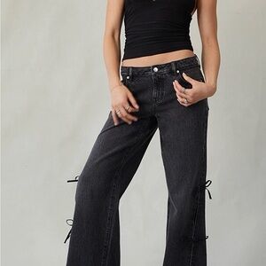 PacSun Black Washed Wide-Leg Jeans with Side Tie Details